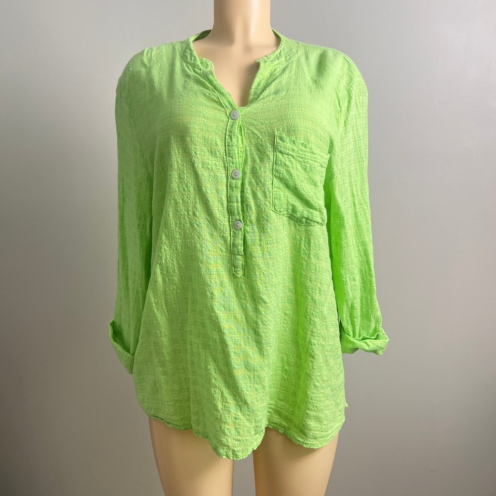 Ceylin Otantik Henley Top Womens XL Gauze Cotton Roll Tab Sleeve Lime Green Boho